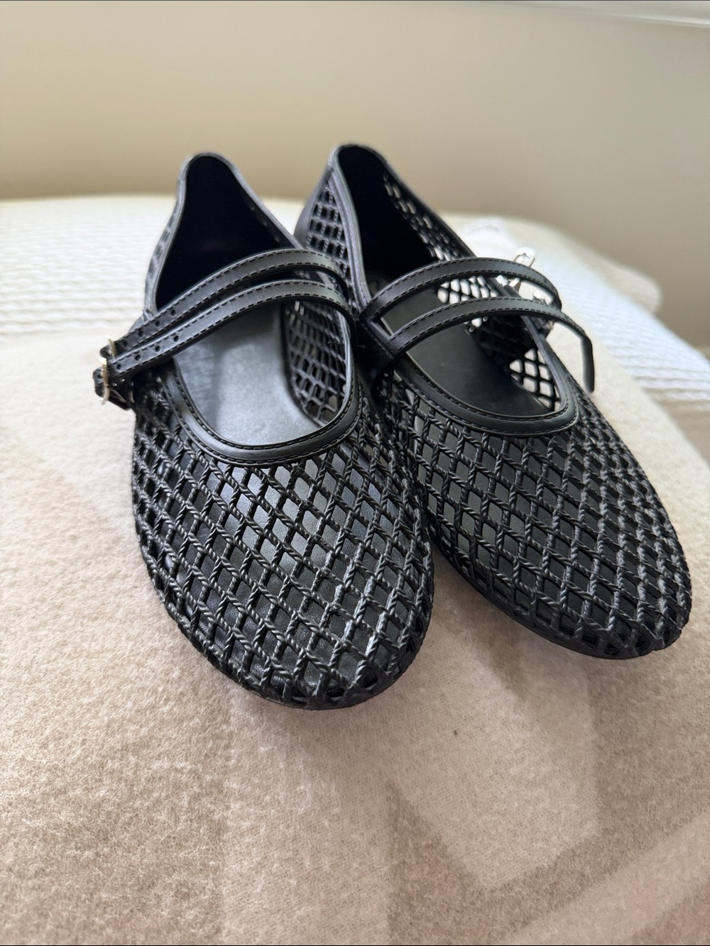 Black Mesh Mary Jane Flats with Strap